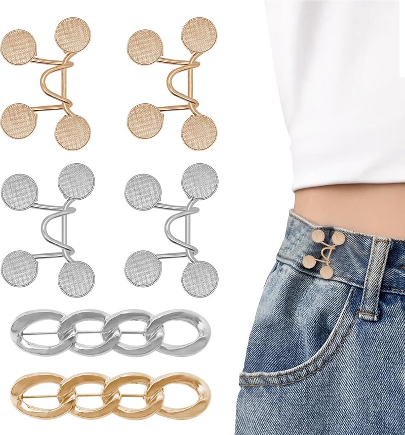 ROPAKED 6 Set Pant Waist Tightener Buttons Pins for Loose Jeans Reusable Waist Cincher Clip Metal Brooch for Clothing Dresses Skirts No Sewing Decoration Accessories（Gold+Silver - Image 1